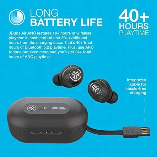 JLab JBuds Air ANC True Wireless Bluetooth Earbuds, Black, Active Noise Canceling, Low Latency Movie Mode, Dual Connect, IP55 Sweat Resistance, Custom 3 EQ Sound Settings…