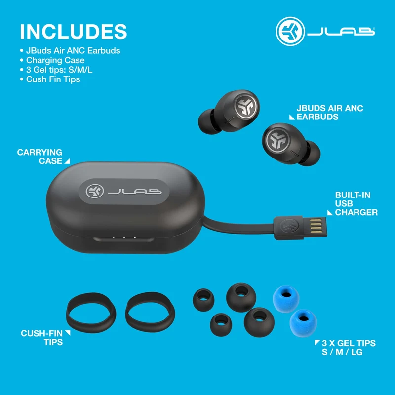 JLab JBuds Air ANC True Wireless Bluetooth Earbuds, Black, Active Noise Canceling, Low Latency Movie Mode, Dual Connect, IP55 Sweat Resistance, Custom 3 EQ Sound Settings…