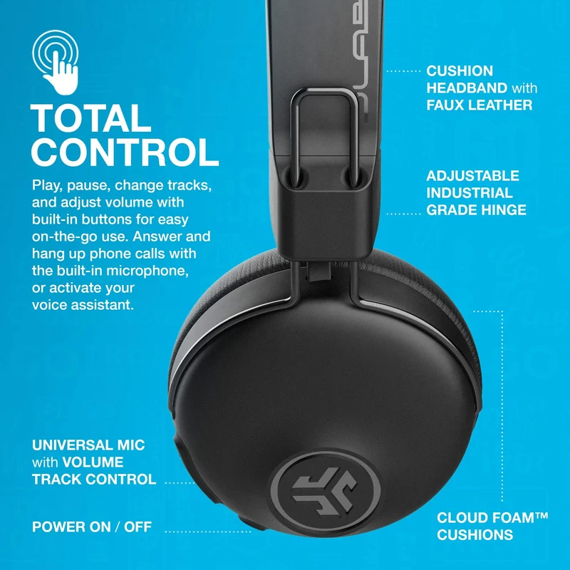 JLab Studio ANC On-Ear Wireless Headphones, Black, 34+ Hour Bluetooth 5 Playtime, 28+ Hour with Active Noise Cancellation, EQ3 Custom Sound, Ultra-Plush Faux Leather & Cloud Foam Cushions