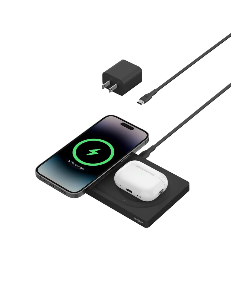 Belkin 2-in-1 Wireless Charging Pad with MagSafe 15W, Fast Charging iPhone Charger - Wireless Charging Station for iPhone 17, 16, 15, and 14 Series, AirPods, and Other MagSafe Enabled Devices - Black