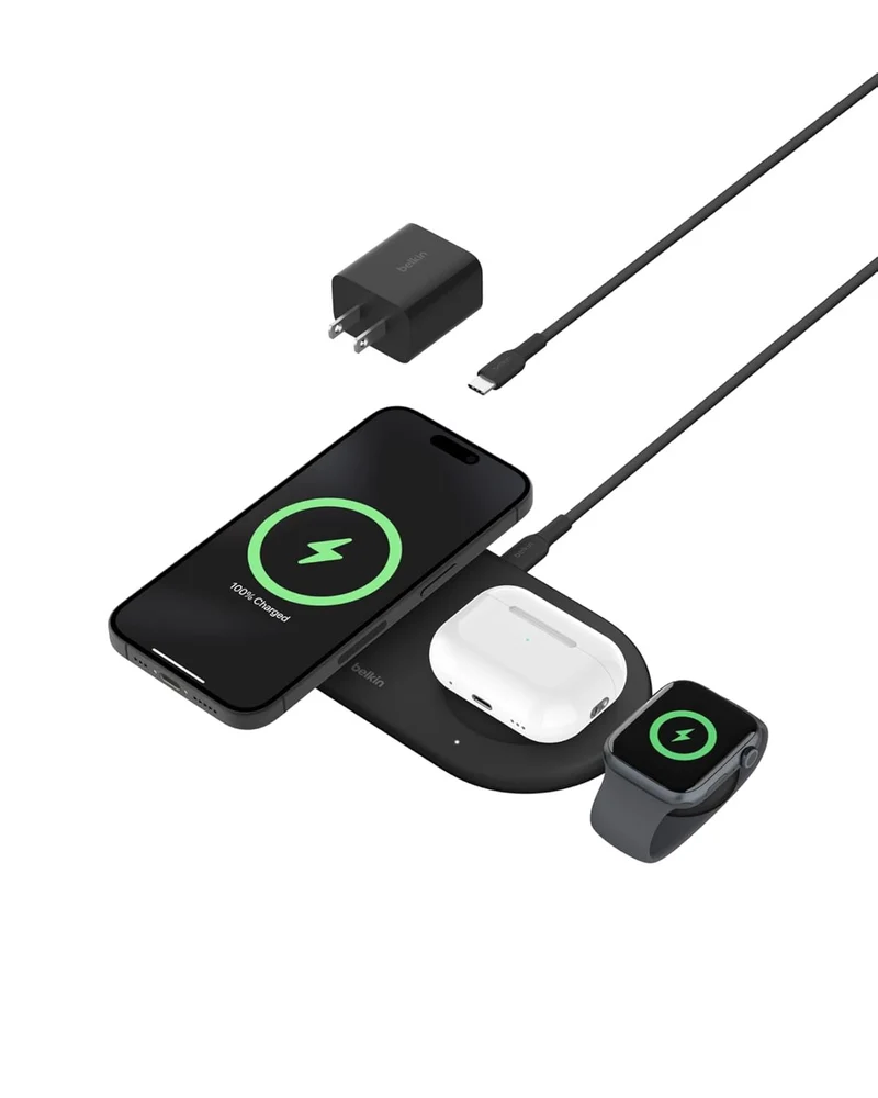 Belkin 3-in-1 MagSafe-Compatible Wireless Charging Pad with Qi2 15W - iPhone Charger - Fast Charging Wireless Charging Station for iPhone 17, 16, & 15 Series, AirPods, Apple Watch, & More - Black