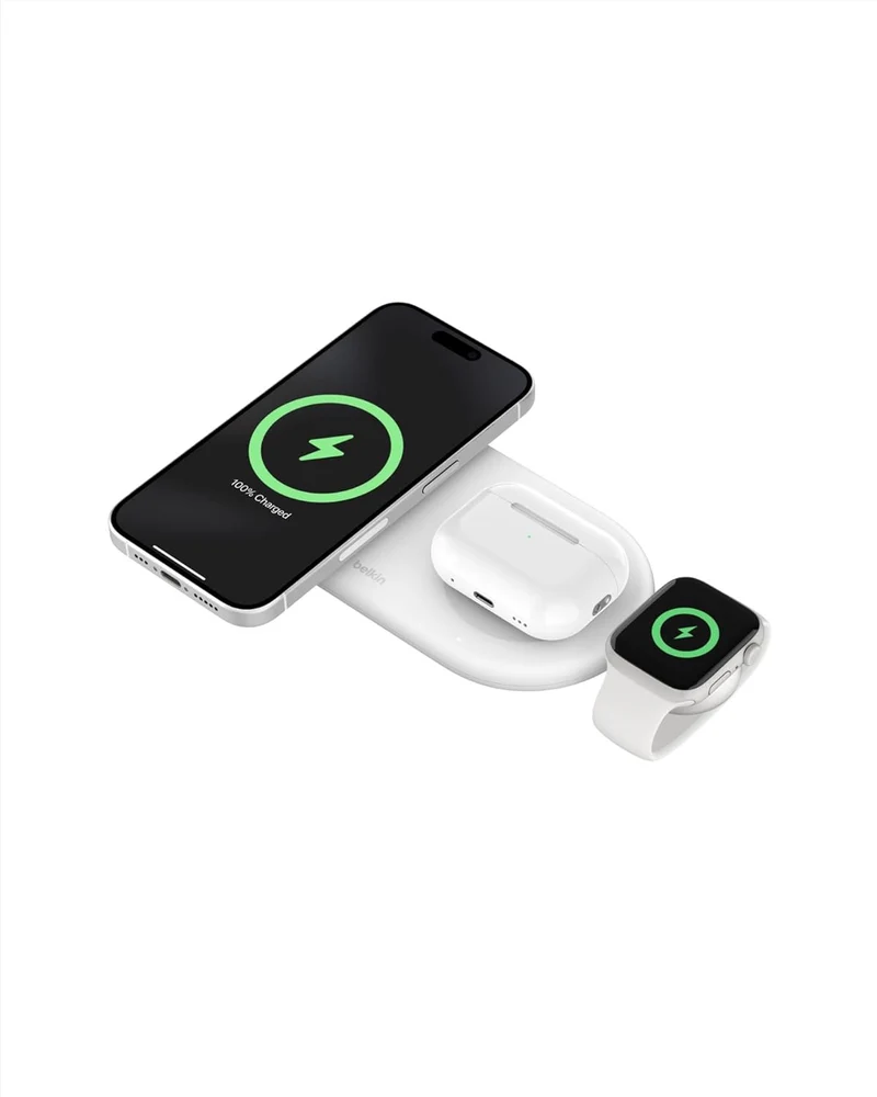 Belkin 3-in-1 MagSafe-Compatible Wireless Charging Pad with Qi2 15W - iPhone Charger - Fast Charging Wireless Charging Station for iPhone 17, 16, & 15 Series, AirPods, Apple Watch, & More - Black
