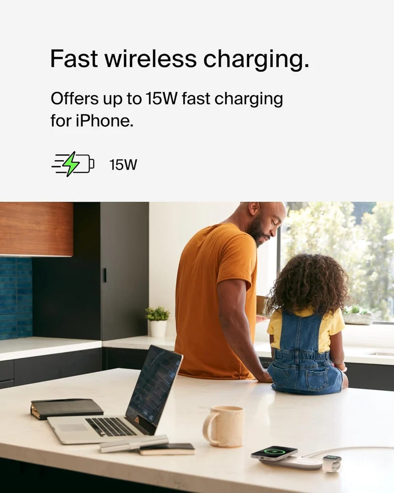 Belkin 3-in-1 MagSafe-Compatible Wireless Charging Pad with Qi2 15W - iPhone Charger - Fast Charging Wireless Charging Station for iPhone 17, 16, & 15 Series, AirPods, Apple Watch, & More - Black