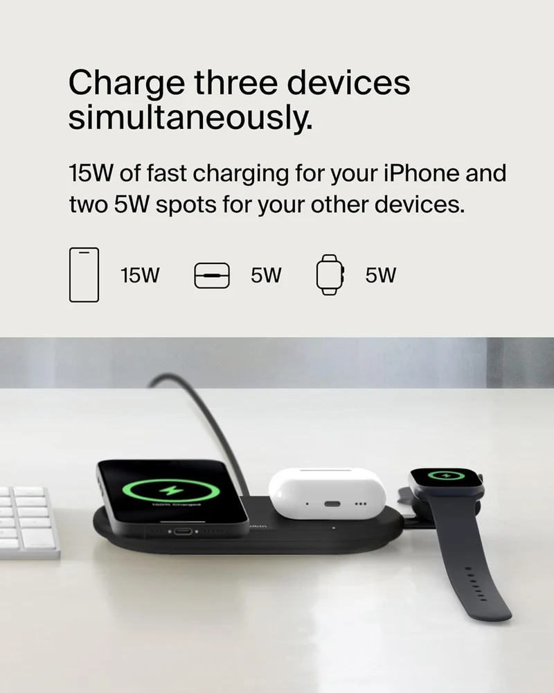 Belkin 3-in-1 MagSafe-Compatible Wireless Charging Pad with Qi2 15W - iPhone Charger - Fast Charging Wireless Charging Station for iPhone 17, 16, & 15 Series, AirPods, Apple Watch, & More - Black