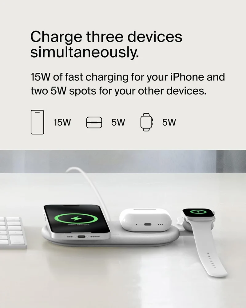 Belkin 3-in-1 MagSafe-Compatible Wireless Charging Pad with Qi2 15W - iPhone Charger - Fast Charging Wireless Charging Station for iPhone 17, 16, & 15 Series, AirPods, Apple Watch, & More - Black