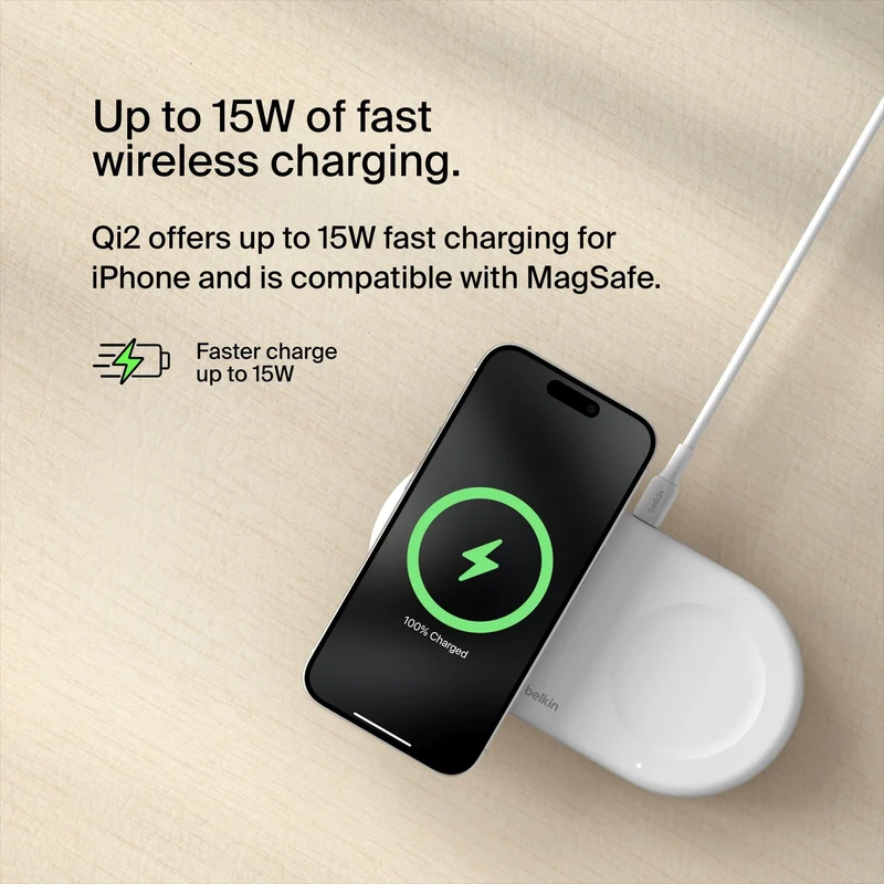 Belkin 3-in-1 MagSafe-Compatible Wireless Charging Pad with Qi2 15W - iPhone Charger - Fast Charging Wireless Charging Station for iPhone 17, 16, & 15 Series, AirPods, Apple Watch, & More - Black