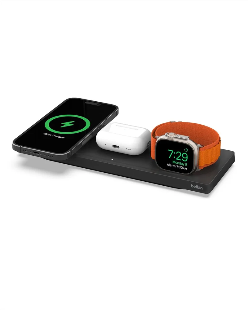 Belkin 3-in-1 MagSafe-Compatible Wireless Charging Pad with Qi2 15W - iPhone Charger - Fast Charging Wireless Charging Station for iPhone 16, 15, & 14 Series, AirPods, Apple Watch, & More