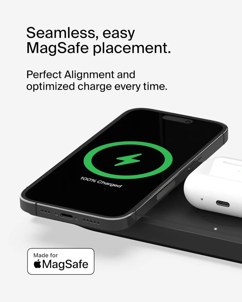 Belkin 3-in-1 MagSafe-Compatible Wireless Charging Pad with Qi2 15W - iPhone Charger - Fast Charging Wireless Charging Station for iPhone 16, 15, & 14 Series, AirPods, Apple Watch, & More