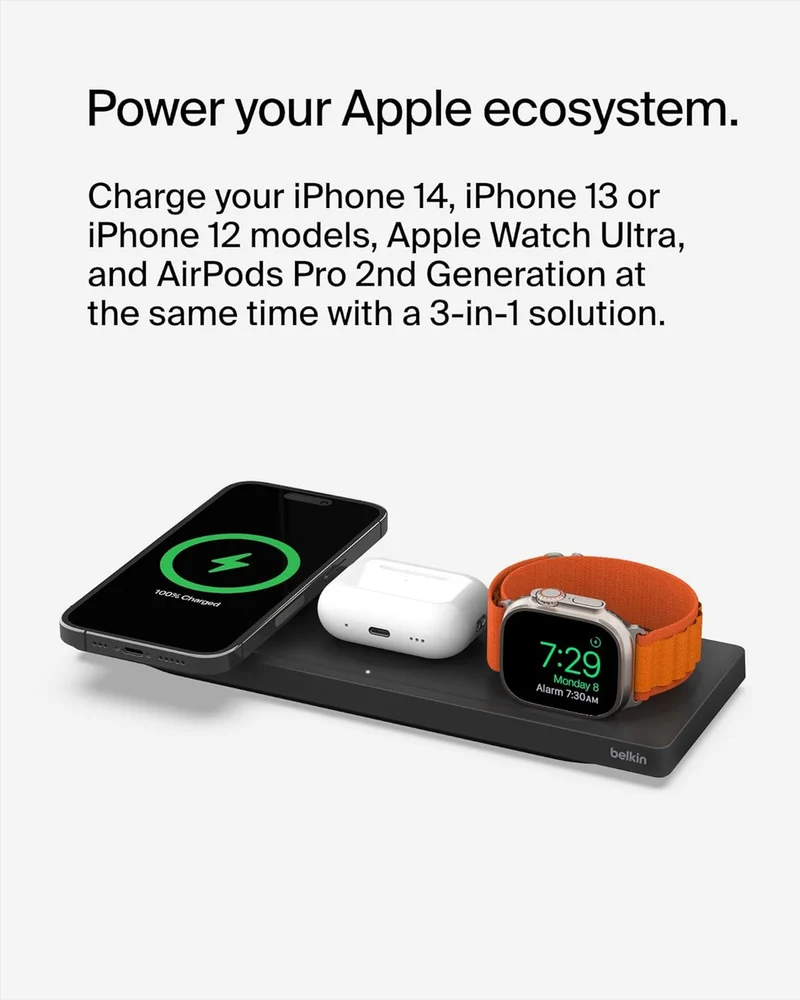 Belkin 3-in-1 MagSafe-Compatible Wireless Charging Pad with Qi2 15W - iPhone Charger - Fast Charging Wireless Charging Station for iPhone 16, 15, & 14 Series, AirPods, Apple Watch, & More