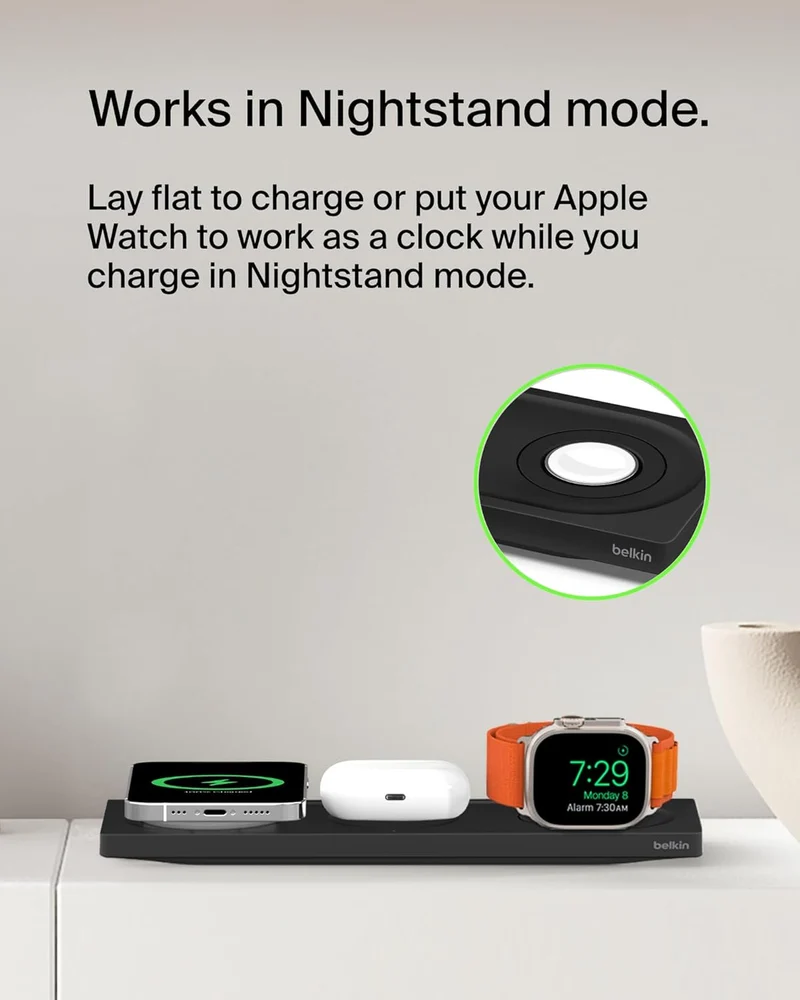 Belkin 3-in-1 MagSafe-Compatible Wireless Charging Pad with Qi2 15W - iPhone Charger - Fast Charging Wireless Charging Station for iPhone 16, 15, & 14 Series, AirPods, Apple Watch, & More