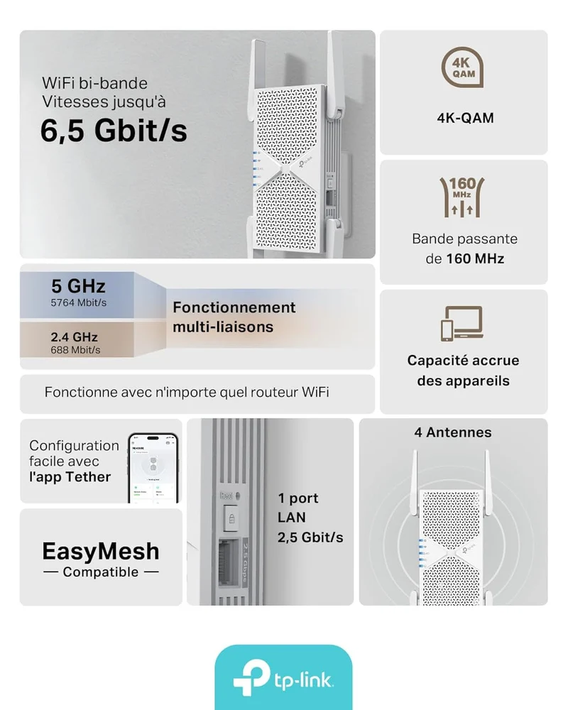 TP-Link RE405BE - BE6500 WLAN Signal Booster 7 Dual Band 6.5 Gbit/s with 2.5GbE Connection and EasyMesh Compatibility