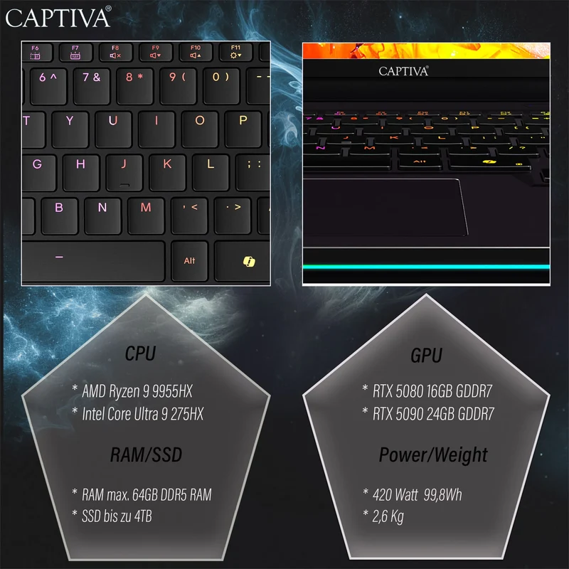 Captiva Notebook Highend Gaming Ryzen 9 9955HX (16,0", 64GB, 2TB SSD, GeForce RTX5080 16GB)