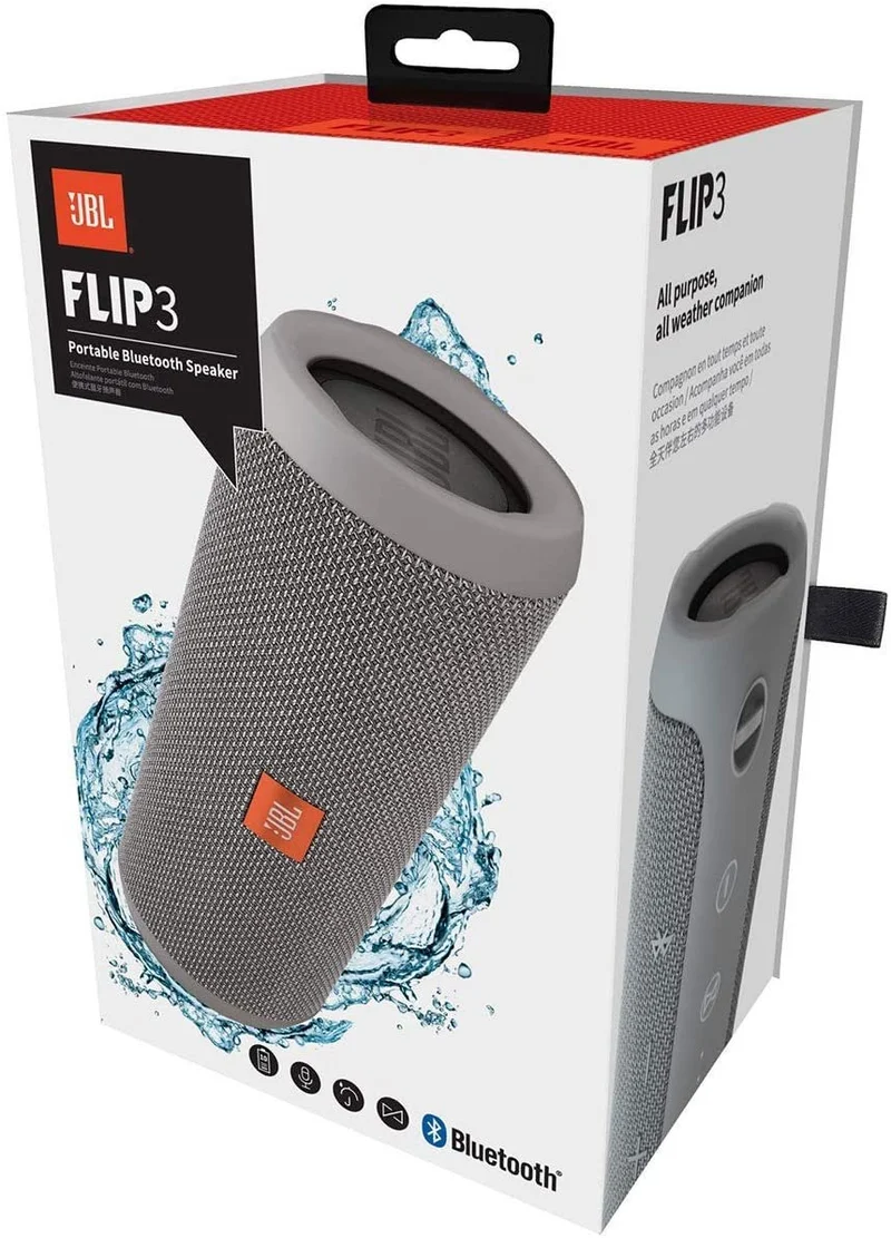 JBL Flip 3 Splashproof Portable Bluetooth Speaker, Gray (Renewed)
