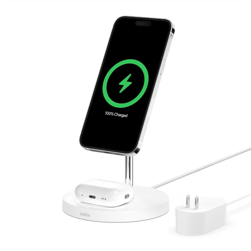 Belkin MagSafe 2-in-1 Wireless Charging Stand for Apple iPhone 16, iPhone 15, iPhone 14, & iPhone 13 Series & AirPods - MagSafe Fast Charging Station for Multiple Devices - Black
