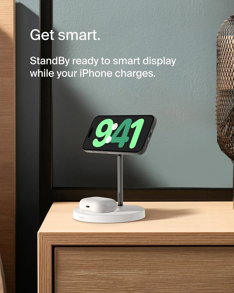 Belkin MagSafe 2-in-1 Wireless Charging Stand for Apple iPhone 16, iPhone 15, iPhone 14, & iPhone 13 Series & AirPods - MagSafe Fast Charging Station for Multiple Devices - Black