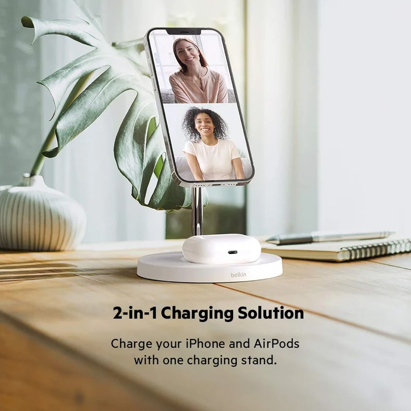Belkin MagSafe 2-in-1 Wireless Charging Stand for Apple iPhone 16, iPhone 15, iPhone 14, & iPhone 13 Series & AirPods - MagSafe Fast Charging Station for Multiple Devices - Black