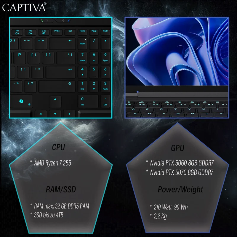 Captiva Notebook Highend Gaming Ryzen 7 255 (15.3", 16GB, 1TB SSD, GeForce RTX 5070 8GB)