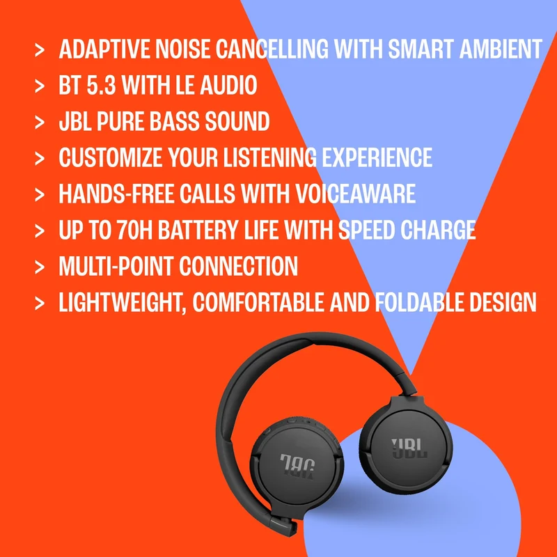 JBL Tune 670NC - Adaptive Noise Cancelling with Smart Ambient Wireless On-Ear Headphones, Up to 70H Battery Life with Speed Charge, Lightweight, Comfortable and Foldable Design (Black) (Renewed)