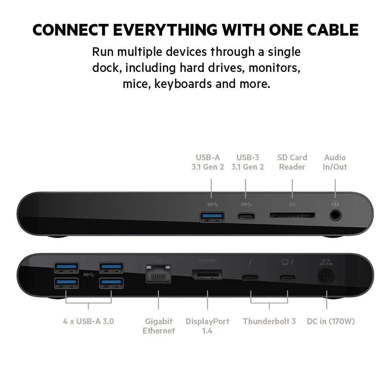 Belkin Thunderbolt 3 Dock Pro w/ Thunderbolt 3 Cable - USB-C Hub - USB-C Docking Station for MacOS & Windows, Dual 4K @60Hz, 40Gbps Transfer Speed, 85W Upstream Charging, w/ Ethernet, SD & Audio Ports