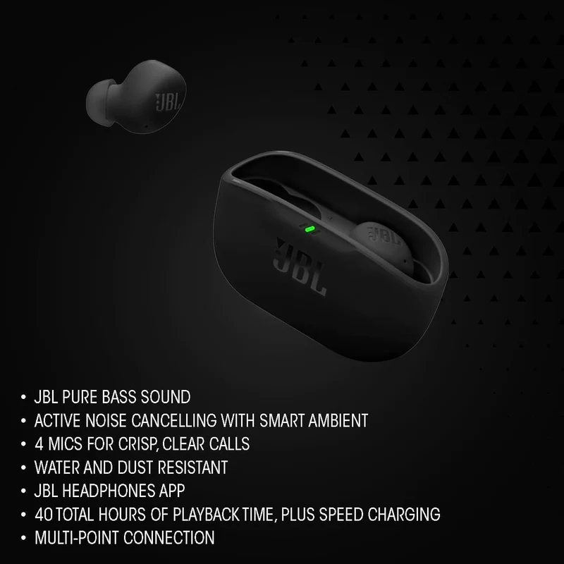 JBL Vibe Buds 2 - True Wireless Noise Cancelling Earbuds Pure Bass Sound & Smart Ambient Technology, 4mics for Crisp, Clear Calls, up to 40Hrs of Playback. (Renewed)