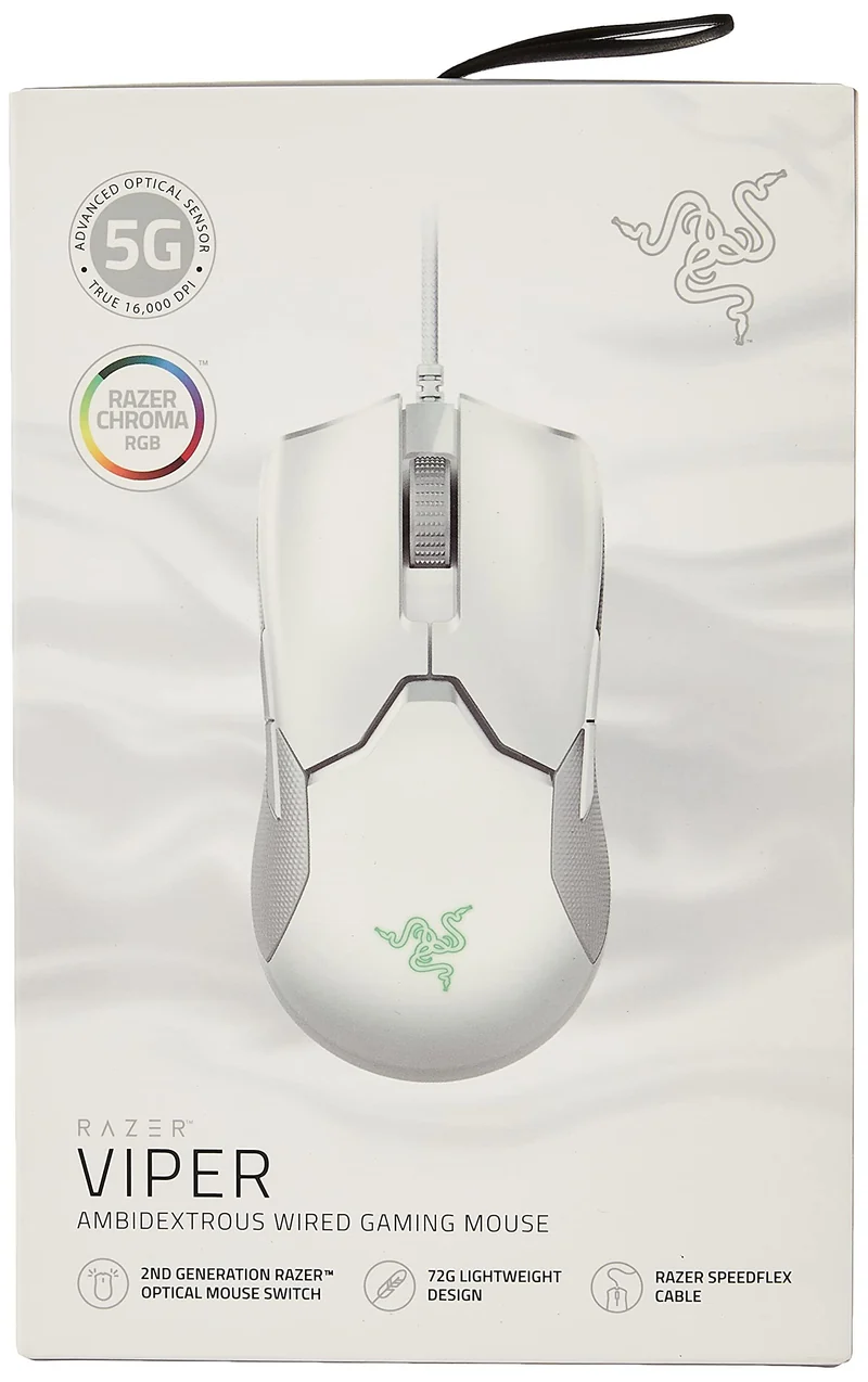 Razer Viper Ultralight Ambidextrous Wired Gaming Mouse: 2nd Generation Optical Mouse Switches 5G Optical Sensor - 71g Lightweight Design - Speedflex Cable - Mercury White