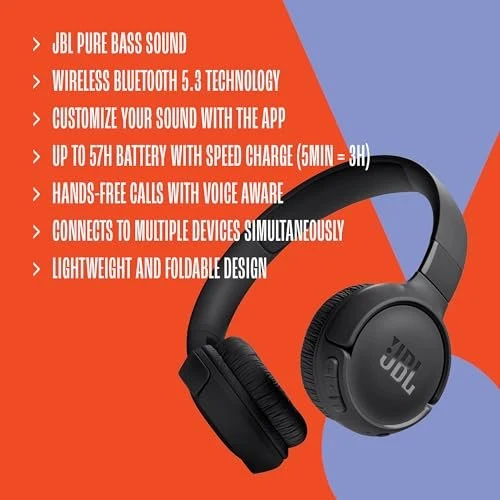 JBL Tune 520BT - Wireless On-Ear Headphones, Up to 57H battery life and speed charge, Lightweight, comfortable and foldable design, Hands-free calls with Voice Aware (Black) (Renewed)