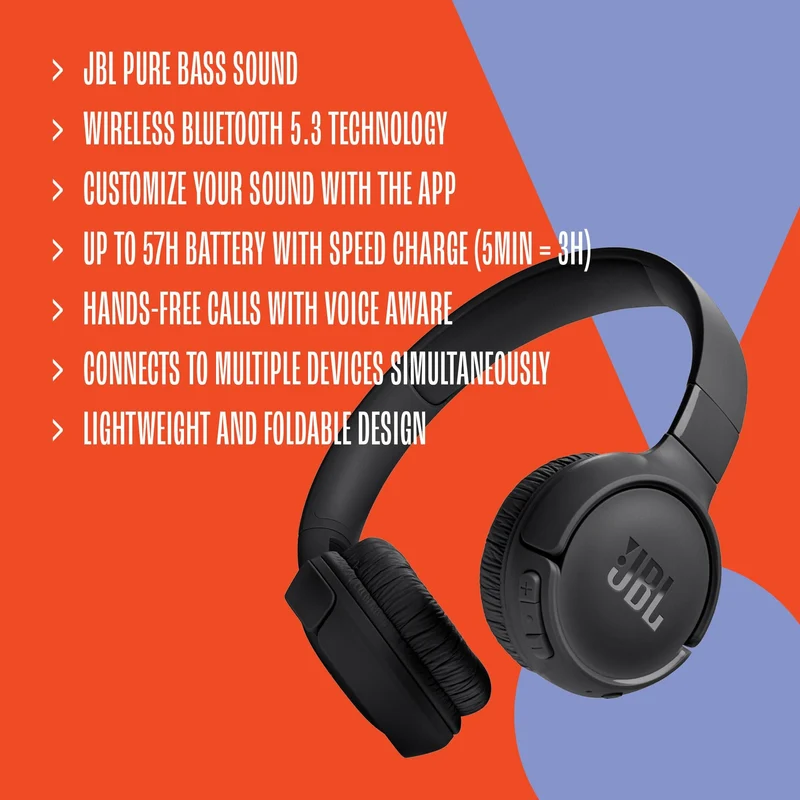 JBL Tune 520BT - Wireless On-Ear Headphones, Up to 57H battery life and speed charge, Lightweight, comfortable and foldable design, Hands-free calls with Voice Aware (Black) (Renewed)