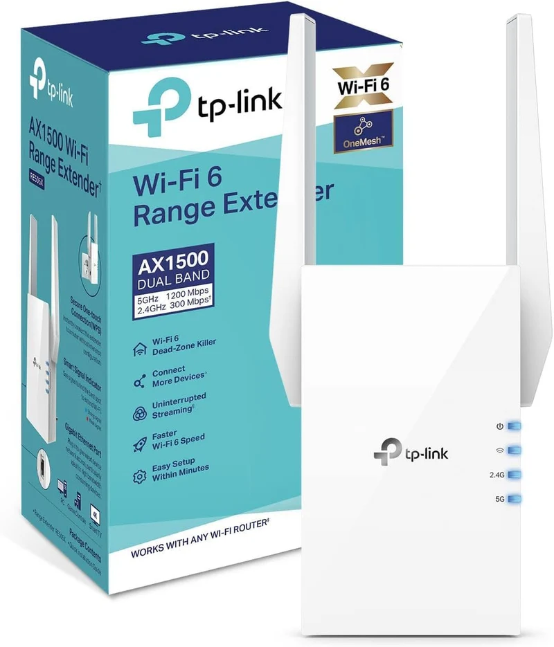 TP-Link AX1500 WiFi Extender Internet Booster, WiFi 6 Range Extender Covers up to 1500 sq.ft and 25 Devices,Dual Band up to 1.5Gbps Speed, AP Mode w/Gigabit Port, APP Setup, OneMesh Compatible(RE505X)