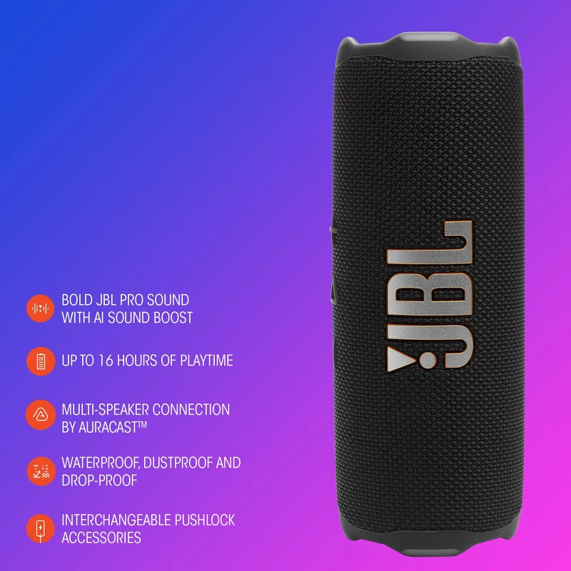 JBL Flip 7 - Portable Waterproof and Drop-Proof Speaker, Bold JBL Pro Sound with AI Sound Boost, 16Hrs of Playtime, and PushLock System with Interchangeable Accessories (Black) (Renewed)