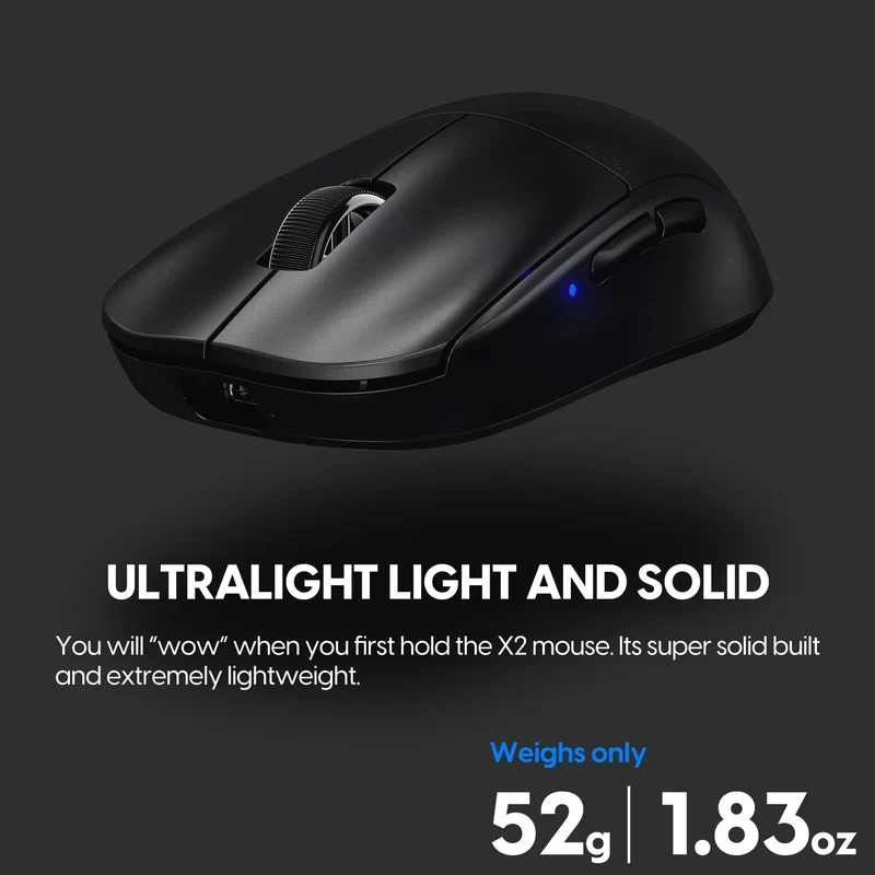 Pulsar Gaming Gears X2 Wireless Gaming Mouse, Ultra Lightweight, Symmetrical, 2.4 Ghz 1 ms, 26000 DPI, Optical Sensor PAW3395, TTC Gold Encoder