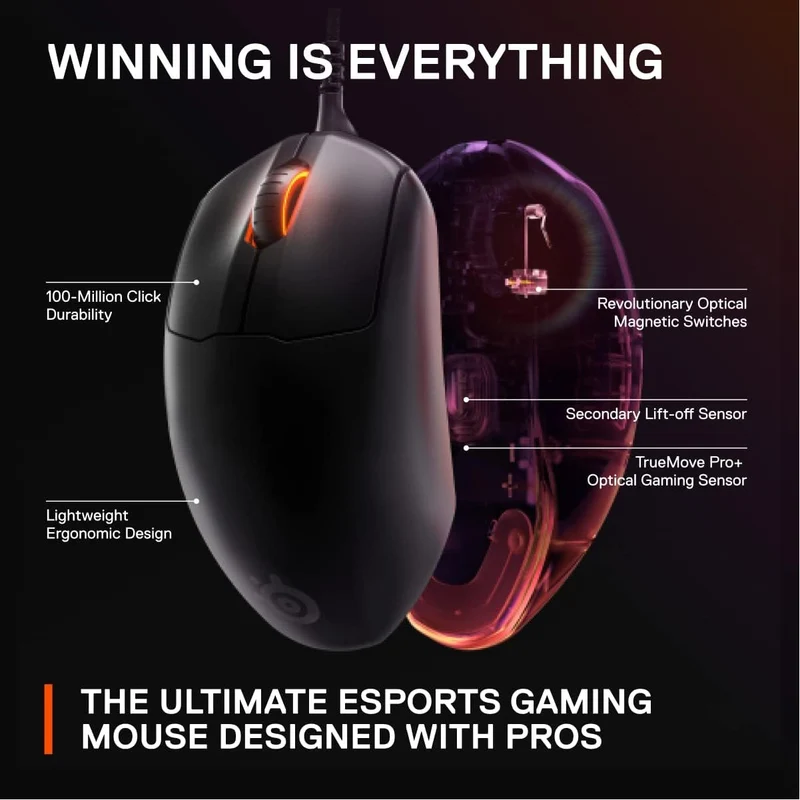 SteelSeries Esports FPS Gaming Mouse – Ultra Lightweight – Prime + Edition – 5 Programmable Buttons – 18K CPI TrueMove Pro Sensor – Magnetic Optical Switches – Customization - RGB Lighting – PC/Mac