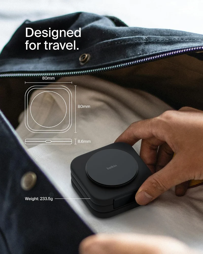 Belkin 2-in-1 Magnetic Charging Travel Pad 15W - MagSafe-Compatible Foldable Qi2-Certified Wireless Charging Station, iPhone Charger for iPhone 16 Series, Apple Watch 9, AirPods, and More