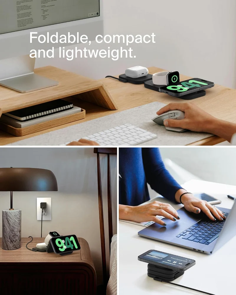Belkin 2-in-1 Magnetic Charging Travel Pad 15W - MagSafe-Compatible Foldable Qi2-Certified Wireless Charging Station, iPhone Charger for iPhone 16 Series, Apple Watch 9, AirPods, and More