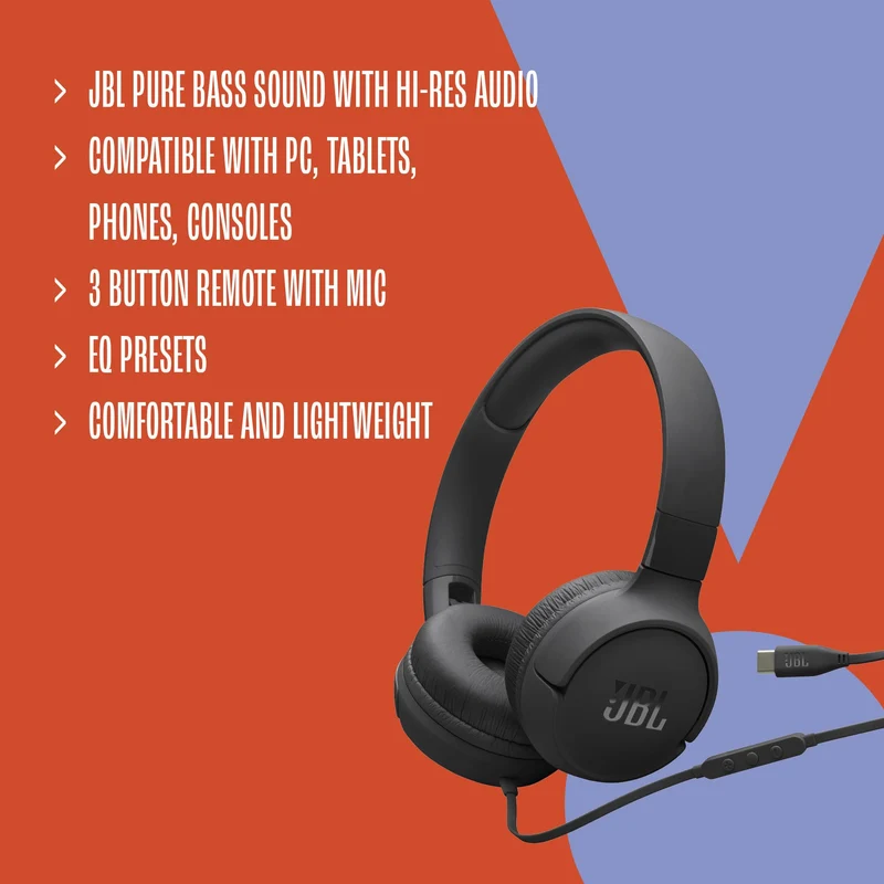 JBL Tune 520C - USB-C Wired on-Ear Headphones with Hi-Res Audio Support, JBL Pure Bass Sound, Comfort fit, USB-C connectivity, 3-Button Remote with Microphone and EQ presets Control (Black) (Renewed)