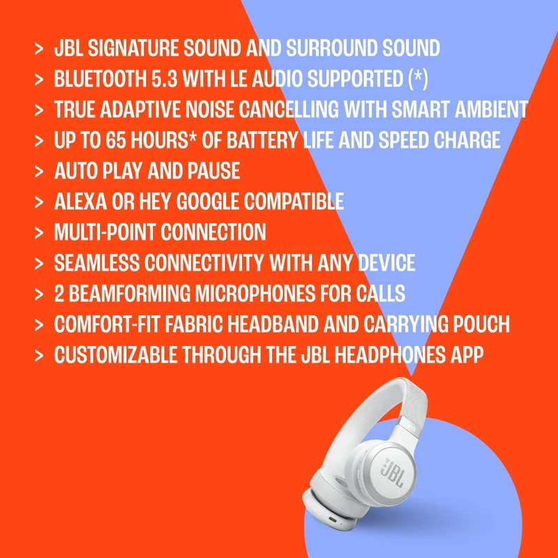 JBL Live 670NC - Wireless On-Ear Headphones with Adaptive Noise Cancelling with Smart Ambient, Up to 70H Battery Life with Speed Charge, Lightweight, Comfortable and Foldable Design (Black)