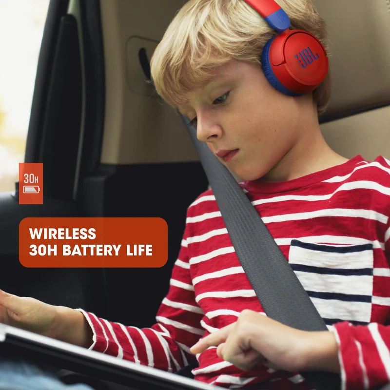 JBL Jr310BT Kids Wireless On-Ear Headphones - Bluetooth Headphones with Microphone, Safe Sound Under 85dB Volume, 30H Battery, Foldable, Comfort, Easy, Soft, Cool Colors (Red), Small