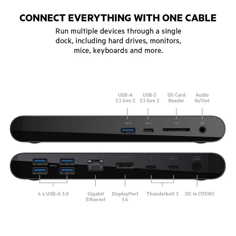 Belkin Thunderbolt 3 Dock Pro w/ Thunderbolt 3 Cable - USB-C Hub - USB-C Docking Station for MacOS & Windows, Dual 4K @60Hz, 40Gbps Transfer Speed, 85W Upstream Charging, w/ Ethernet, SD & Audio Ports