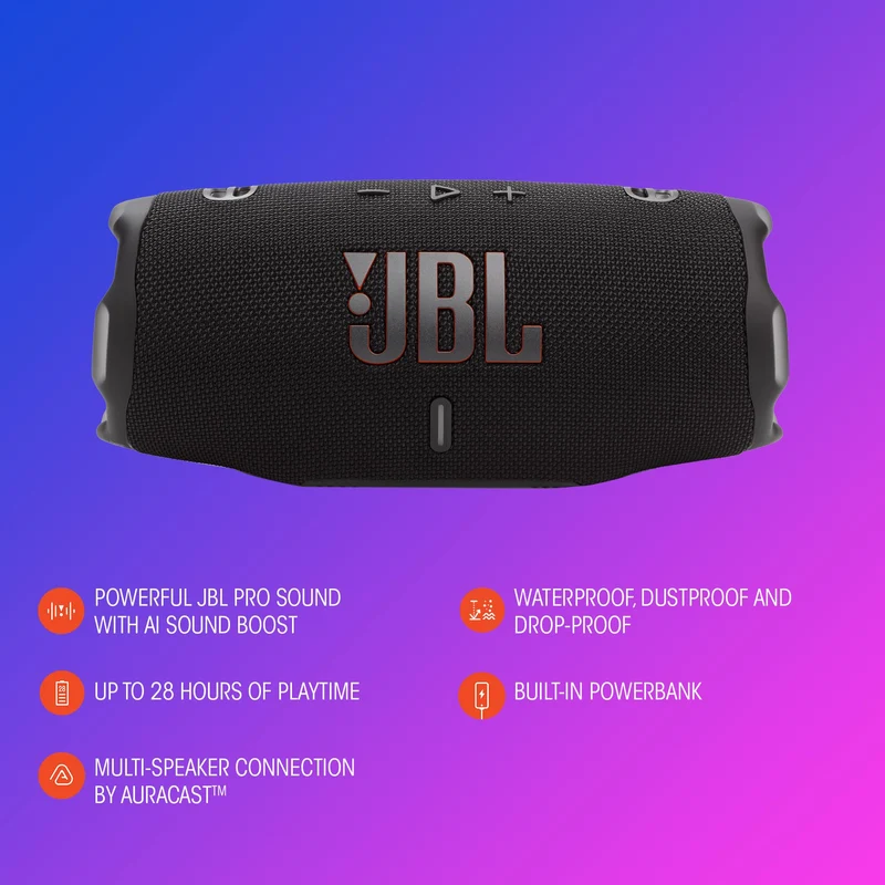 JBL Charge 6 - Portable Waterproof & Drop-Proof Bluetooth Speaker, Bold JBL Pro Sound with AI Sound Boost, 28Hrs of Playtime, Built-in powerbank & Comes with a Sturdy/Removable Carrying Strap (Black) (Renewed)