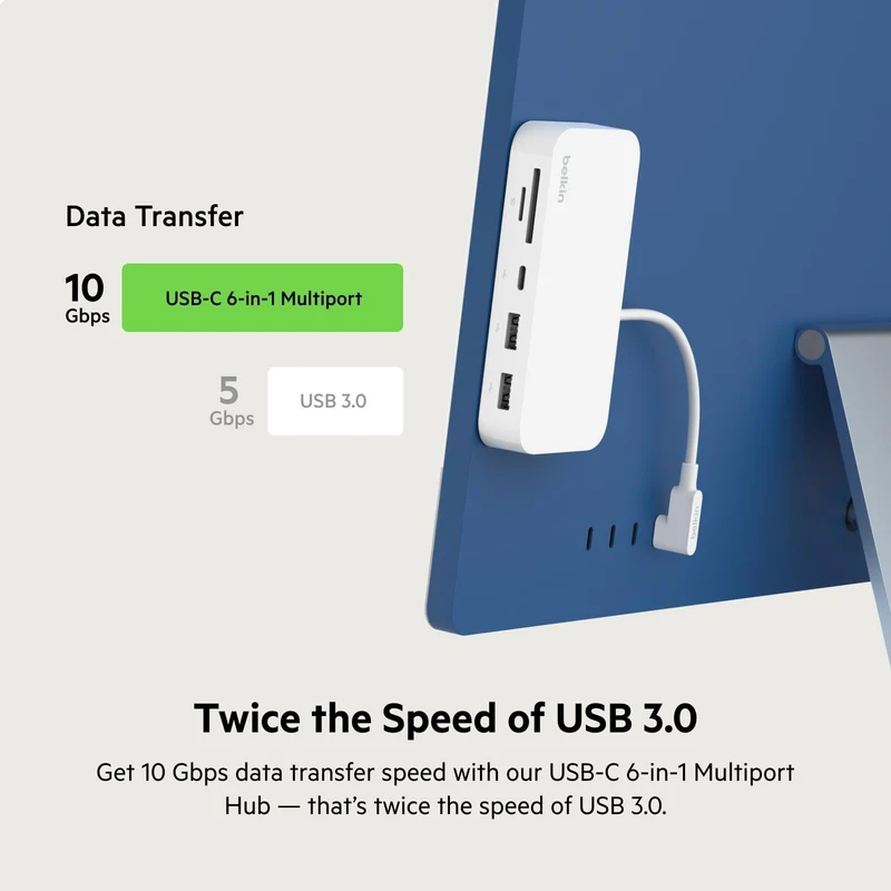 Belkin USB-C 6-in-1 Multiport Hub with Mount, USB-C Docking Station with MicroSD Card Reader, Powered USB Hub, Compatible with MacBook, Chromebook, iMac, PC, and Other USB-C Devices - White