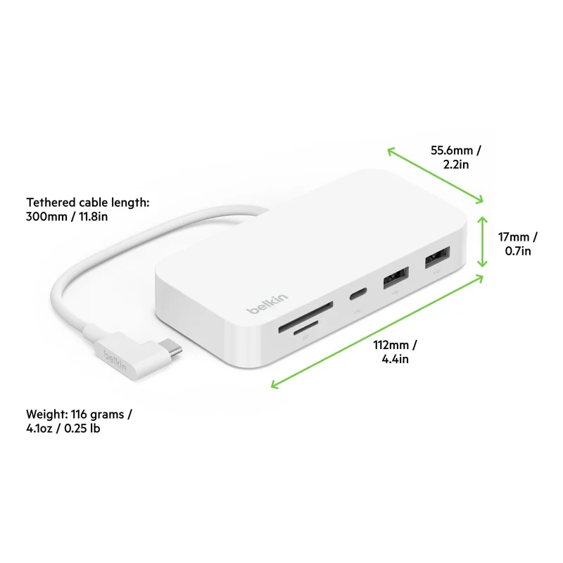 Belkin USB-C 6-in-1 Multiport Hub with Mount, USB-C Docking Station with MicroSD Card Reader, Powered USB Hub, Compatible with MacBook, Chromebook, iMac, PC, and Other USB-C Devices - White