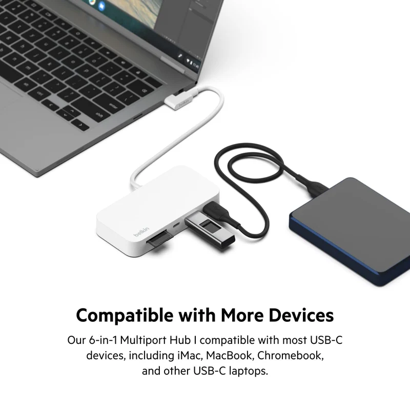 Belkin USB-C 6-in-1 Multiport Hub with Mount, USB-C Docking Station with MicroSD Card Reader, Powered USB Hub, Compatible with MacBook, Chromebook, iMac, PC, and Other USB-C Devices - White