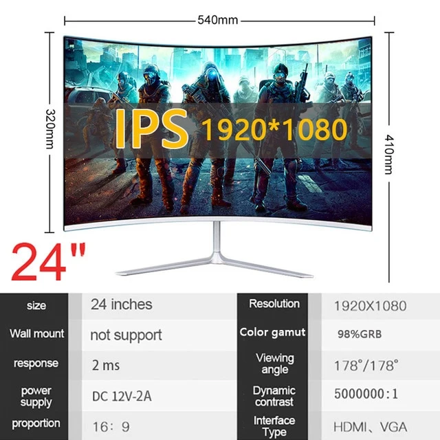 IPS 32 Inch LCD Curved Screen Monitor Gamer 1920×1080p HD Display Gaming Monitor for Desktop HDMI Computer 24“ Monitor PC