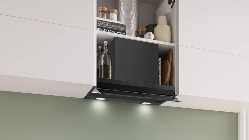 Bosch Series 6, 60cm Integrated Rangehood, Clear Glass Black Printed, Matt Black