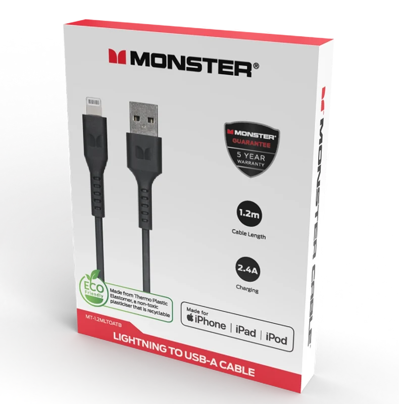 Monster TPE Lightning to USB-A 1.2M Cable Black