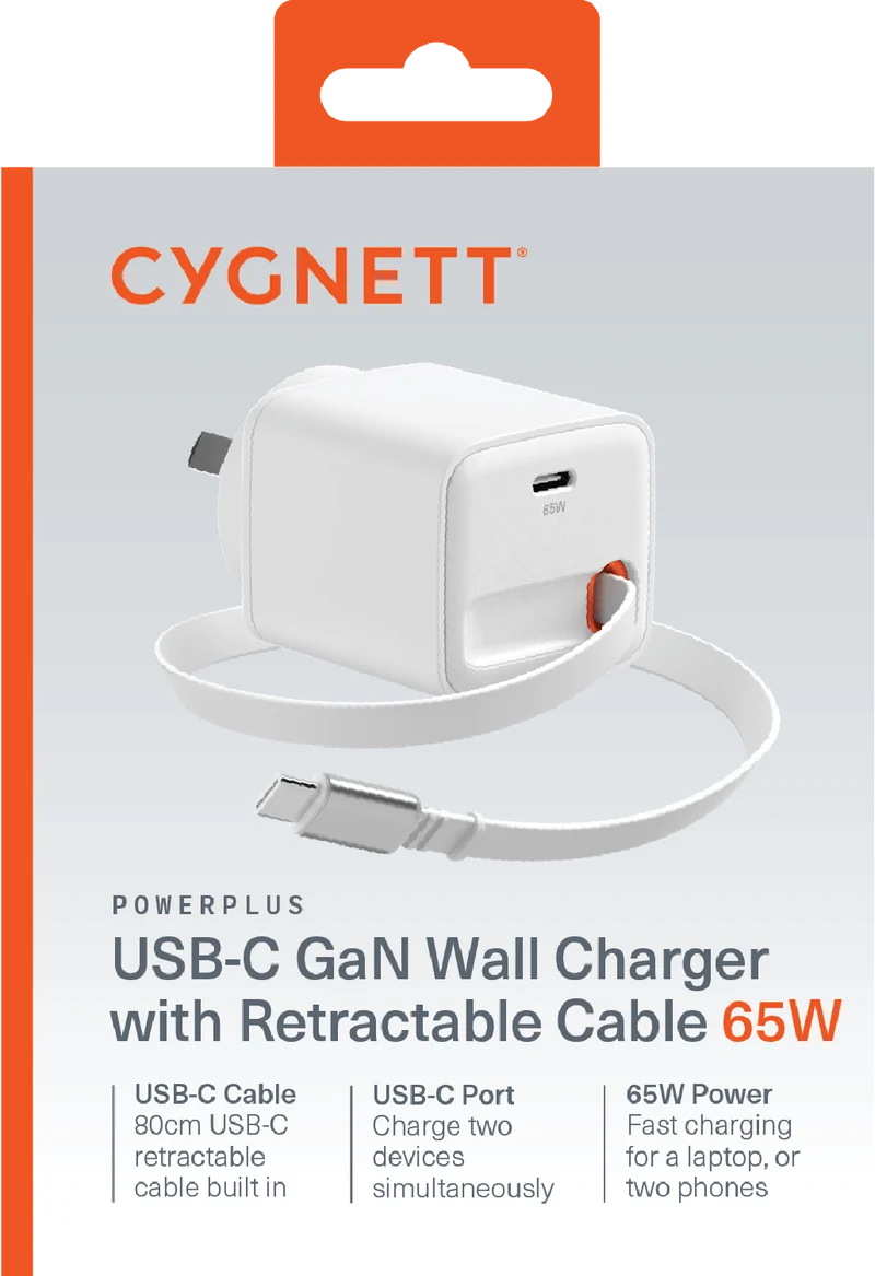 Cygnett Powerplus 65W Wall Charger with 80cm Retractable USB-C Cable
