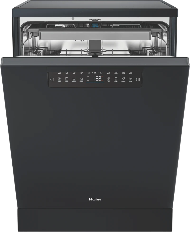 Haier 600 Series Freestanding Dishwasher, Steam, Dual Power Spray Arm, Black
