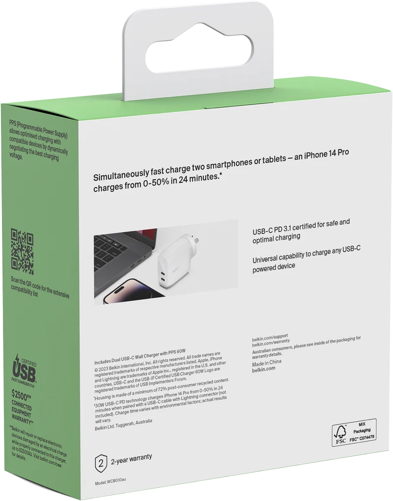 Belkin BoostCharge Pro Dual USB-C Wall Charger with PPS 60W