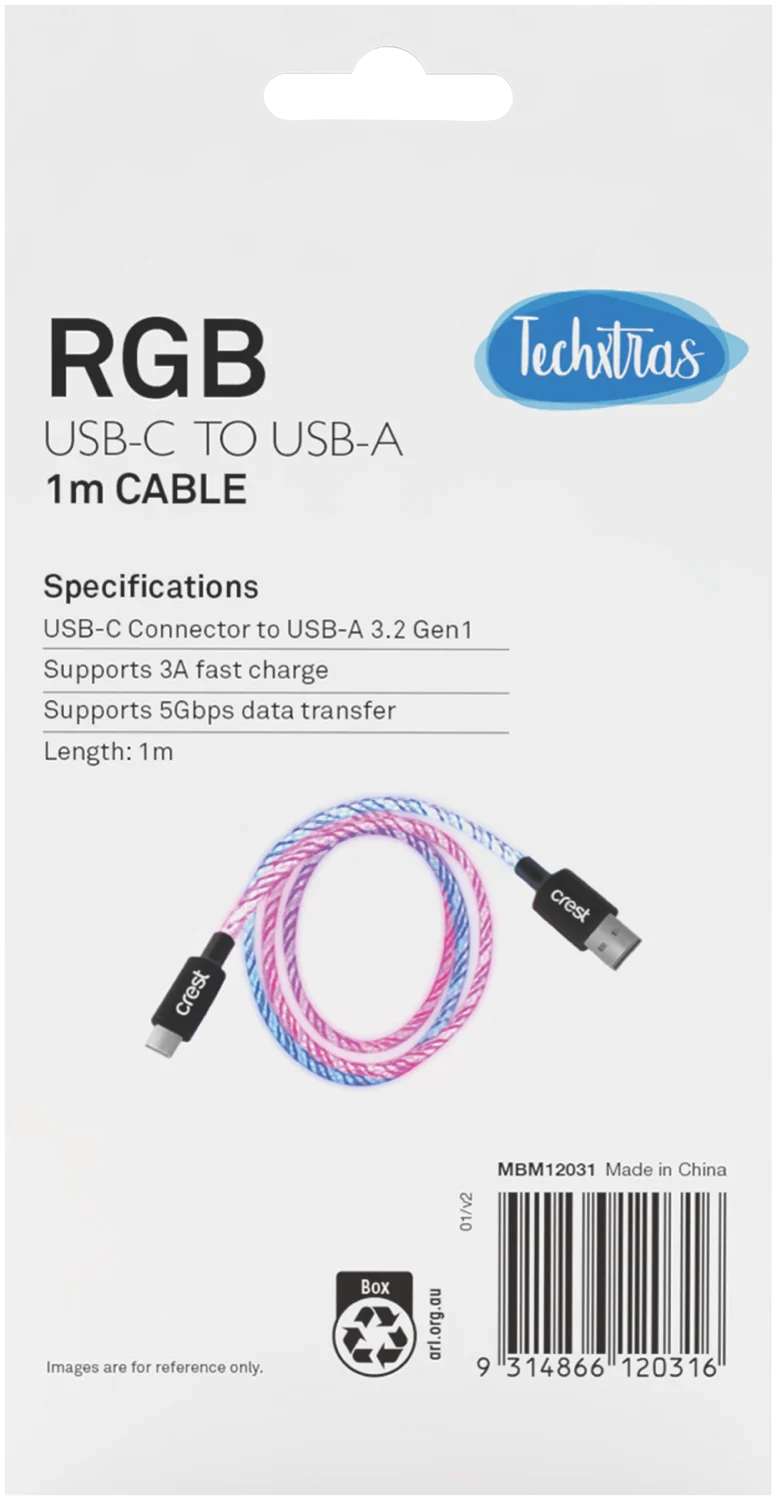 Techxtras USB-A to USB-C Glowing Cable (1m)