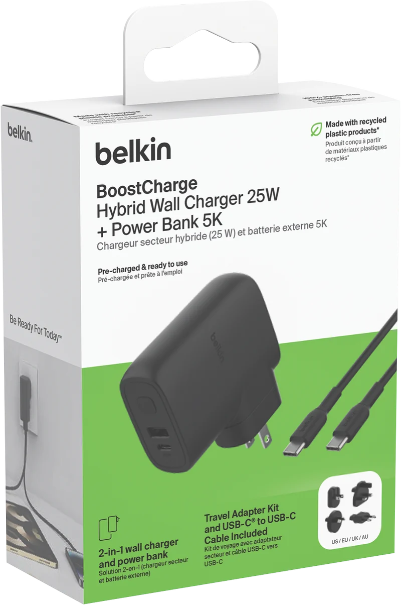 Belkin BoostCharge Hybrid Wall Charger 25W + Power Bank 5K + Travel Adapter Kit