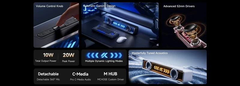 Mchose K20 Pro Gaming Soundbar Black | Dual-mode | 52mm Drivers